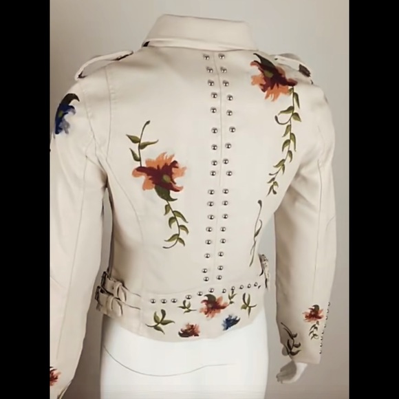 🎉New Chic Ivory Floral Print Embroidery FauxLeather Moto Jacket - Picture 14 of 16